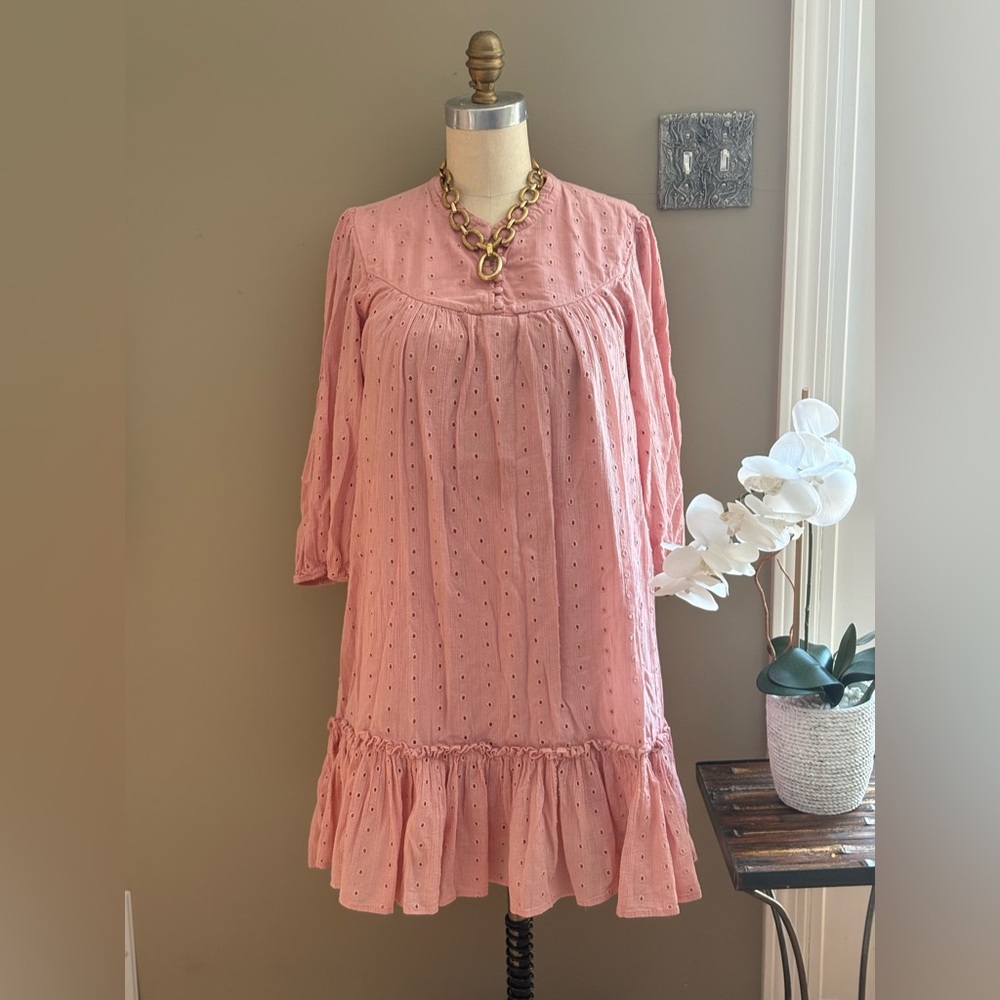 Eyelet Cotton Dress Cottage core Women's Medium Pink